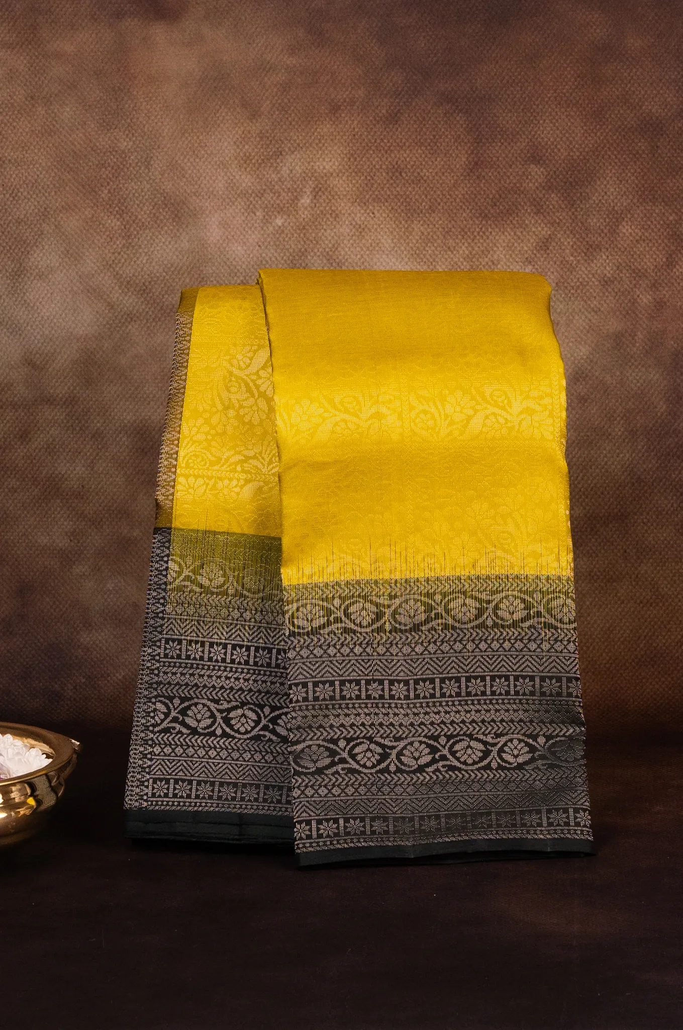 Mayuri Silk Vibrant Bright Yellow With Deep Blue Border